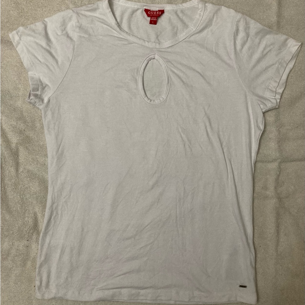 Guess Los Angeles Ivory White Cut-Out Tank Top Shirt L Baby Tee Circle Cut